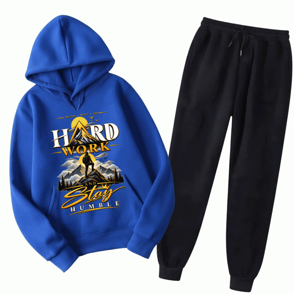 Men's Hard Work & Stay Humble Mountain Graphic Fleece Tracksuit – Royal Blue & Black