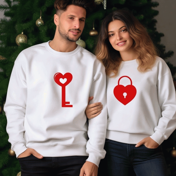 Matching Couple Lock & Key Heart Printed Fleece Sweatshirts