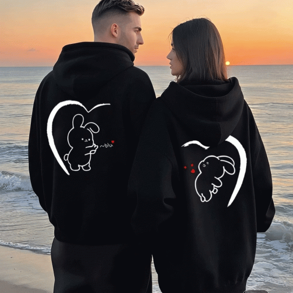 Matching Couple Cute Bunny Love Heart Fleece Hoodies