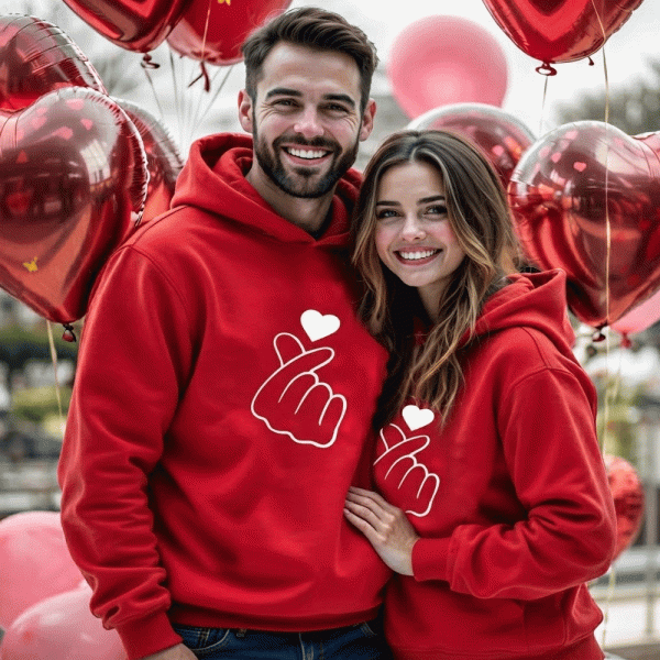Matching Couple Korean Finger Heart Fleece Hoodies Set | TheStore.pk