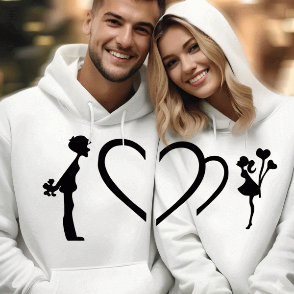 Matching Couple "Boy & Girl Romantic Heart" Silhouette Fleece Hoodies