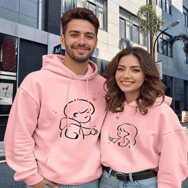 Cute Anime Chibi Couple Matching Hoodies Set – Soft Baby Pink Printed Fleece Hoodies for Men & Women